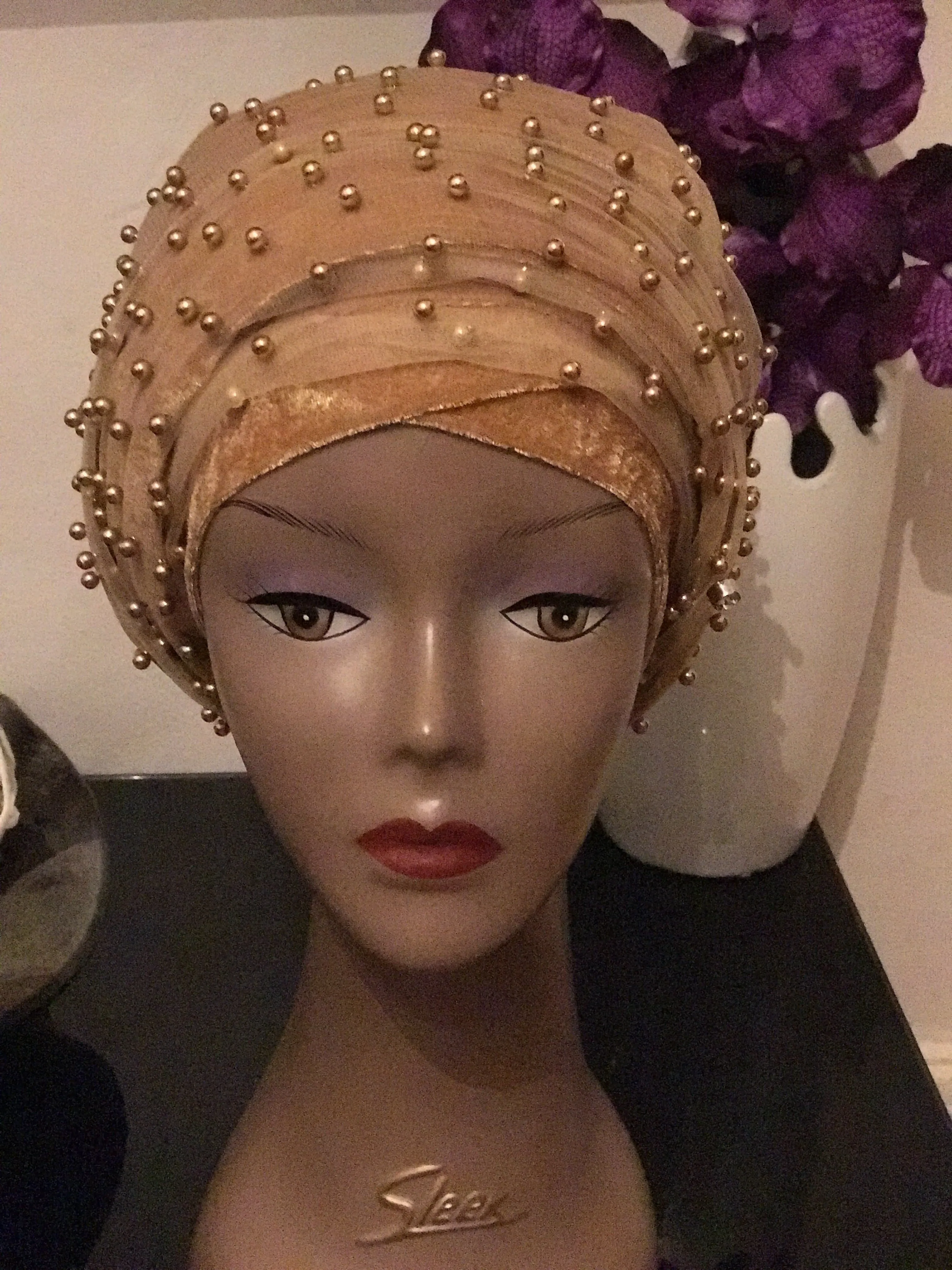 Pearl Beaded Velvet Turban Head Wrap - Extra Large