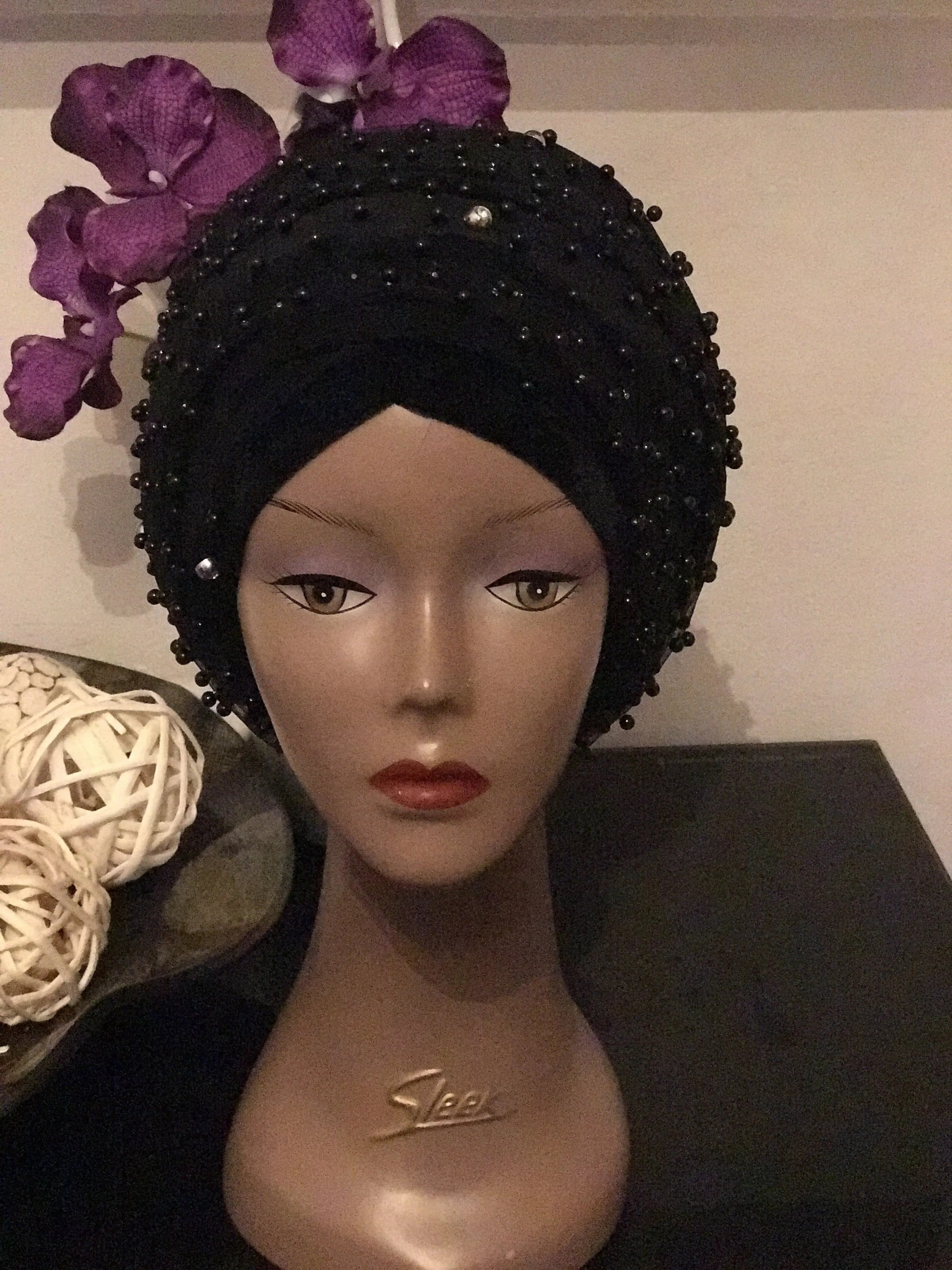 Pearl Beaded Velvet Turban Head Wrap - Extra Large