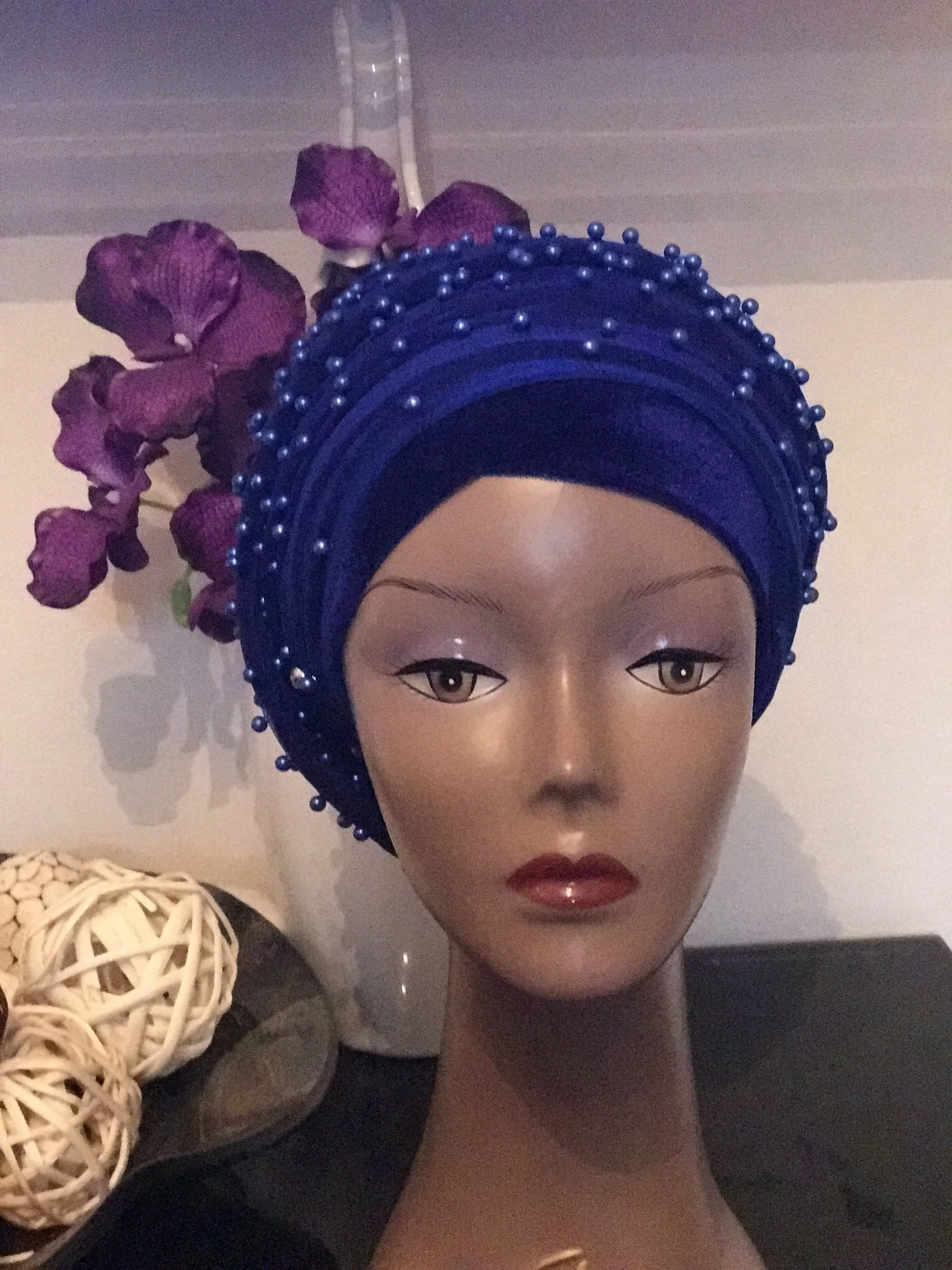 Pearl Beaded Velvet Turban Head Wrap - Extra Large