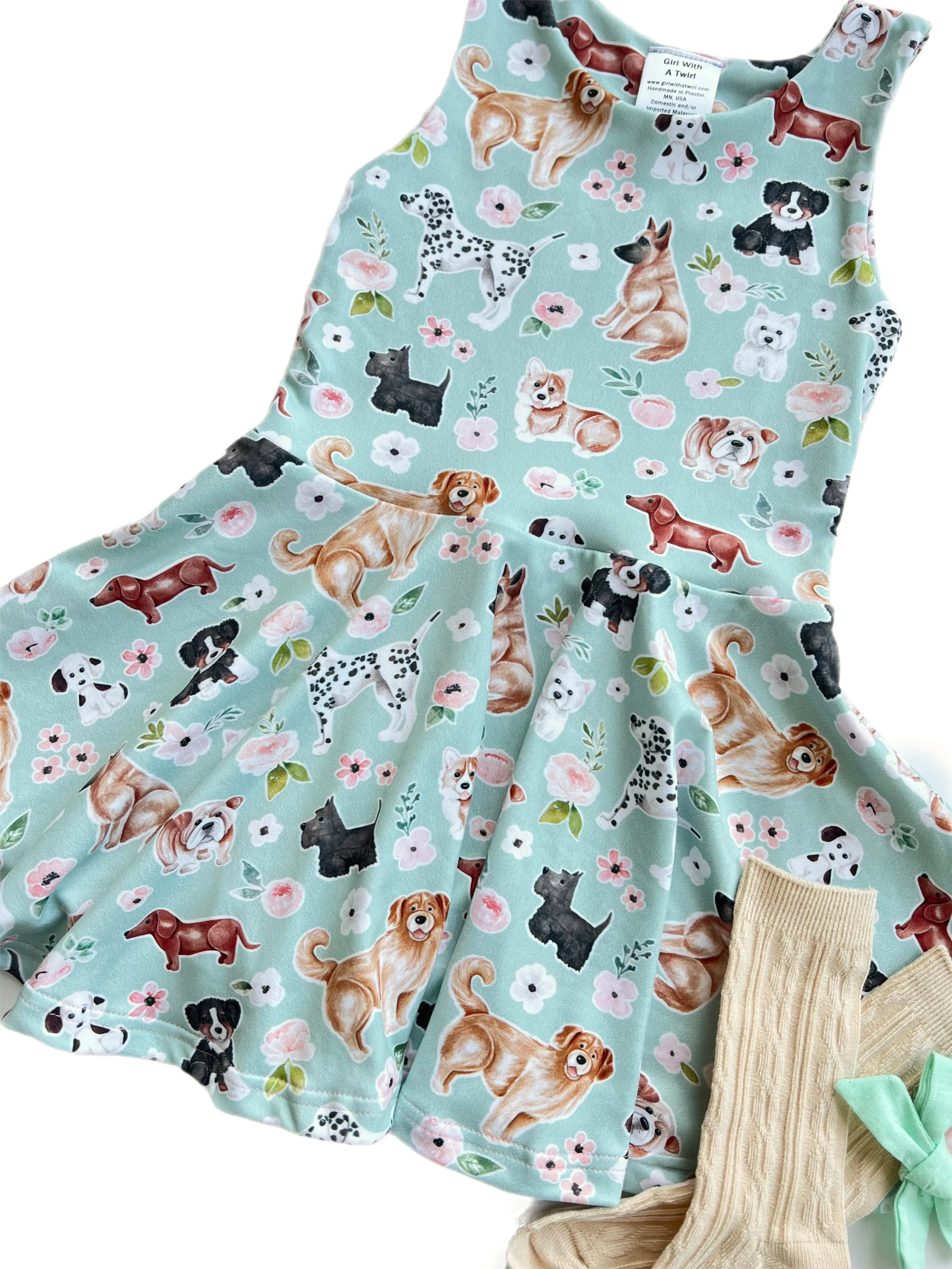 Puppy on Mint Twirl Dress