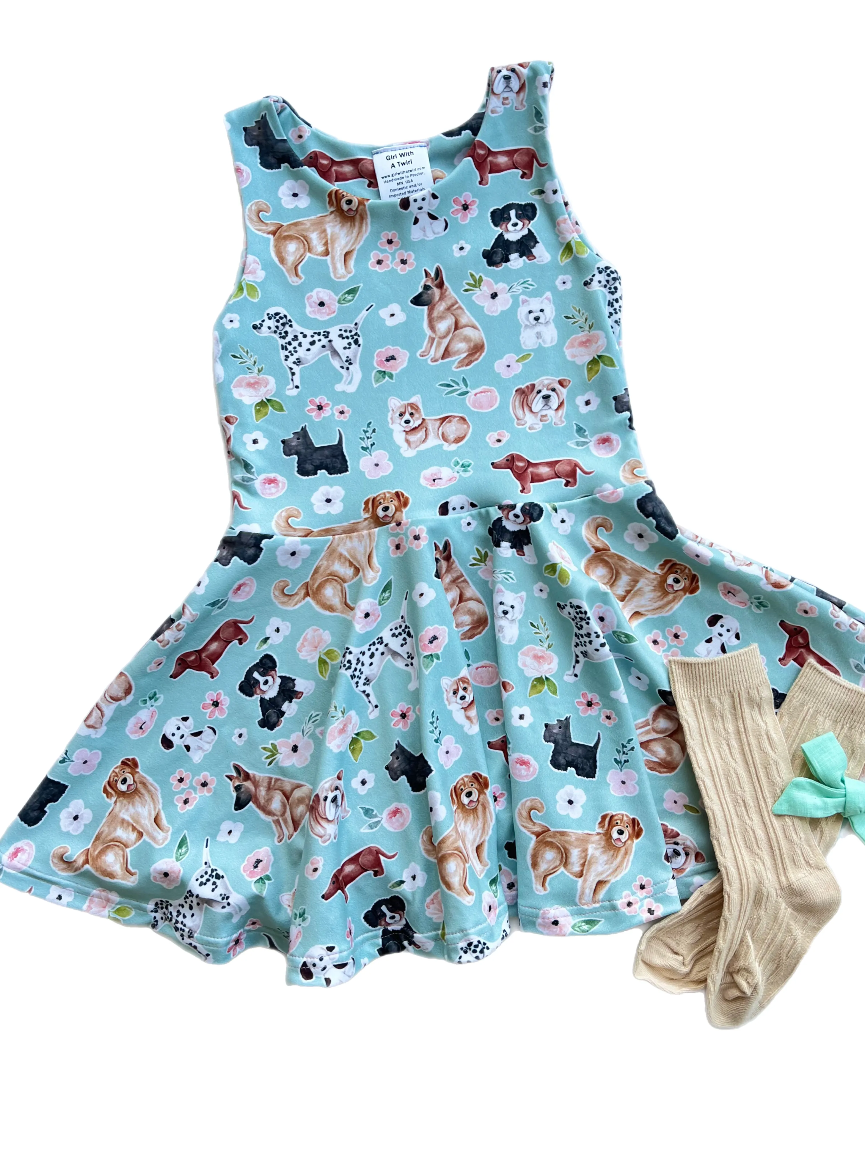 Puppy on Mint Twirl Dress