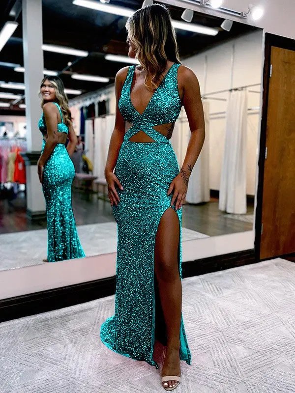 Sheath V-Neck Sleeveless Long Sweep Train Velvet Sequin Prom Dress (AF1009)