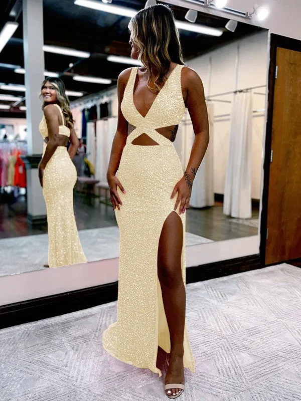 Sheath V-Neck Sleeveless Long Sweep Train Velvet Sequin Prom Dress (AF1009)