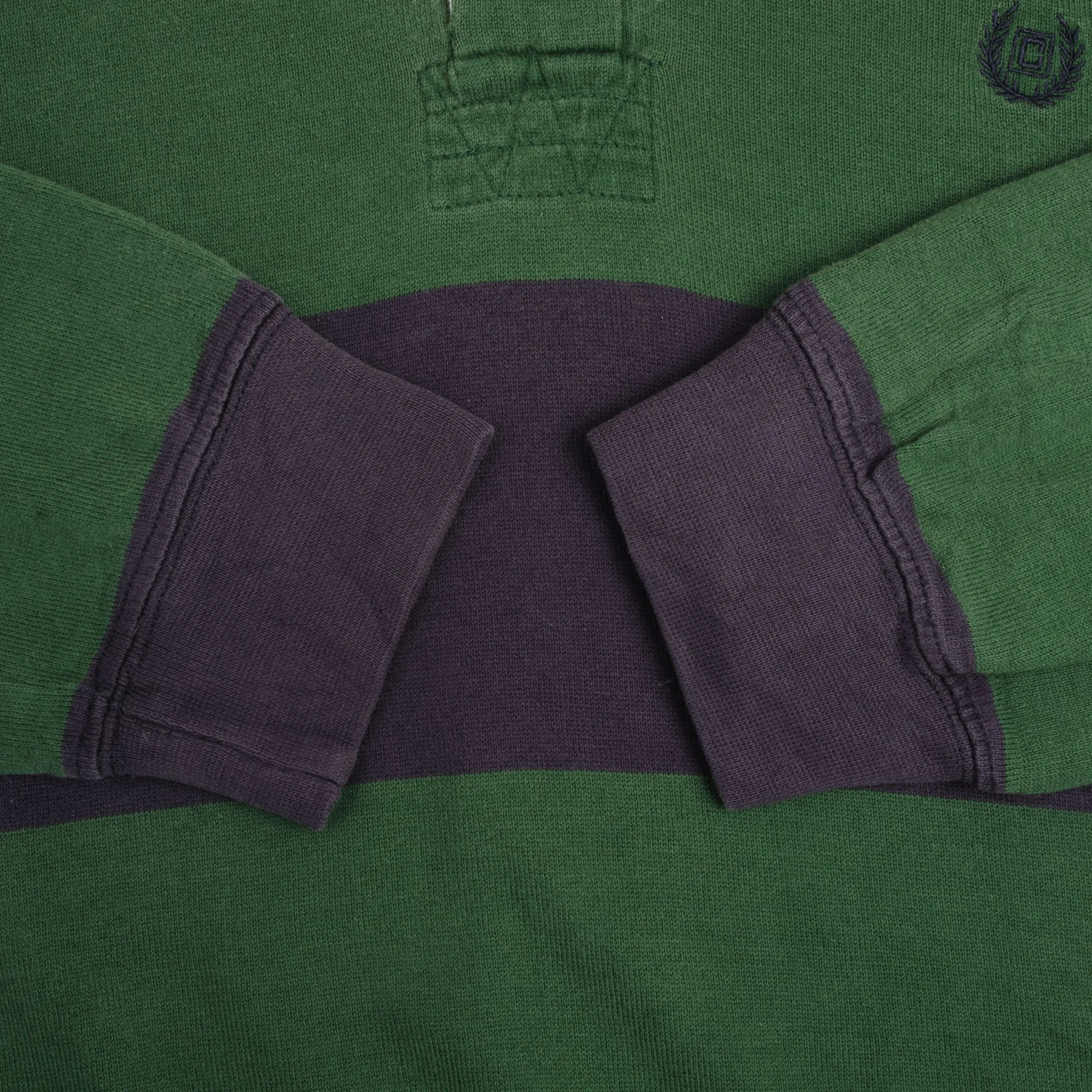 VINTAGE CHAPS RALPH LAUREN BLUE & GREEN STRIPED RUGBY POLO SHIRT 1990S SMALL