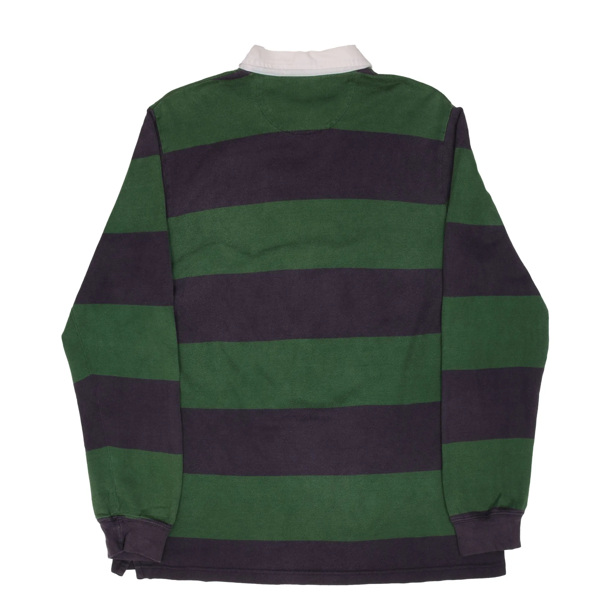 VINTAGE CHAPS RALPH LAUREN BLUE & GREEN STRIPED RUGBY POLO SHIRT 1990S SMALL