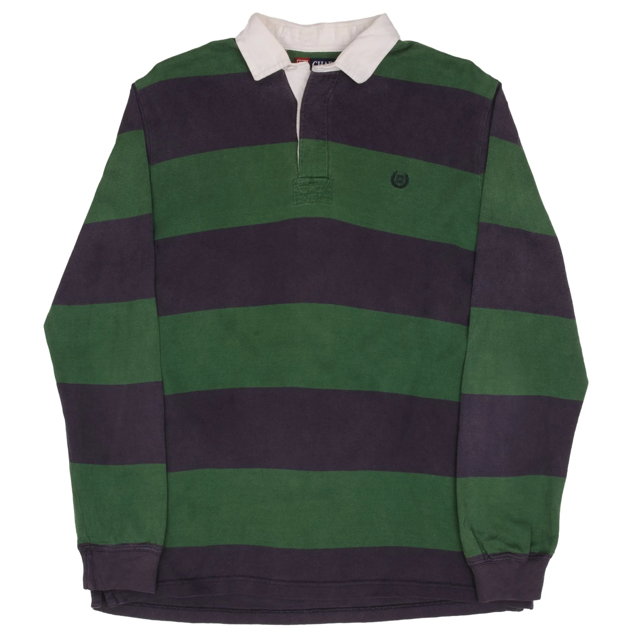 VINTAGE CHAPS RALPH LAUREN BLUE & GREEN STRIPED RUGBY POLO SHIRT 1990S SMALL