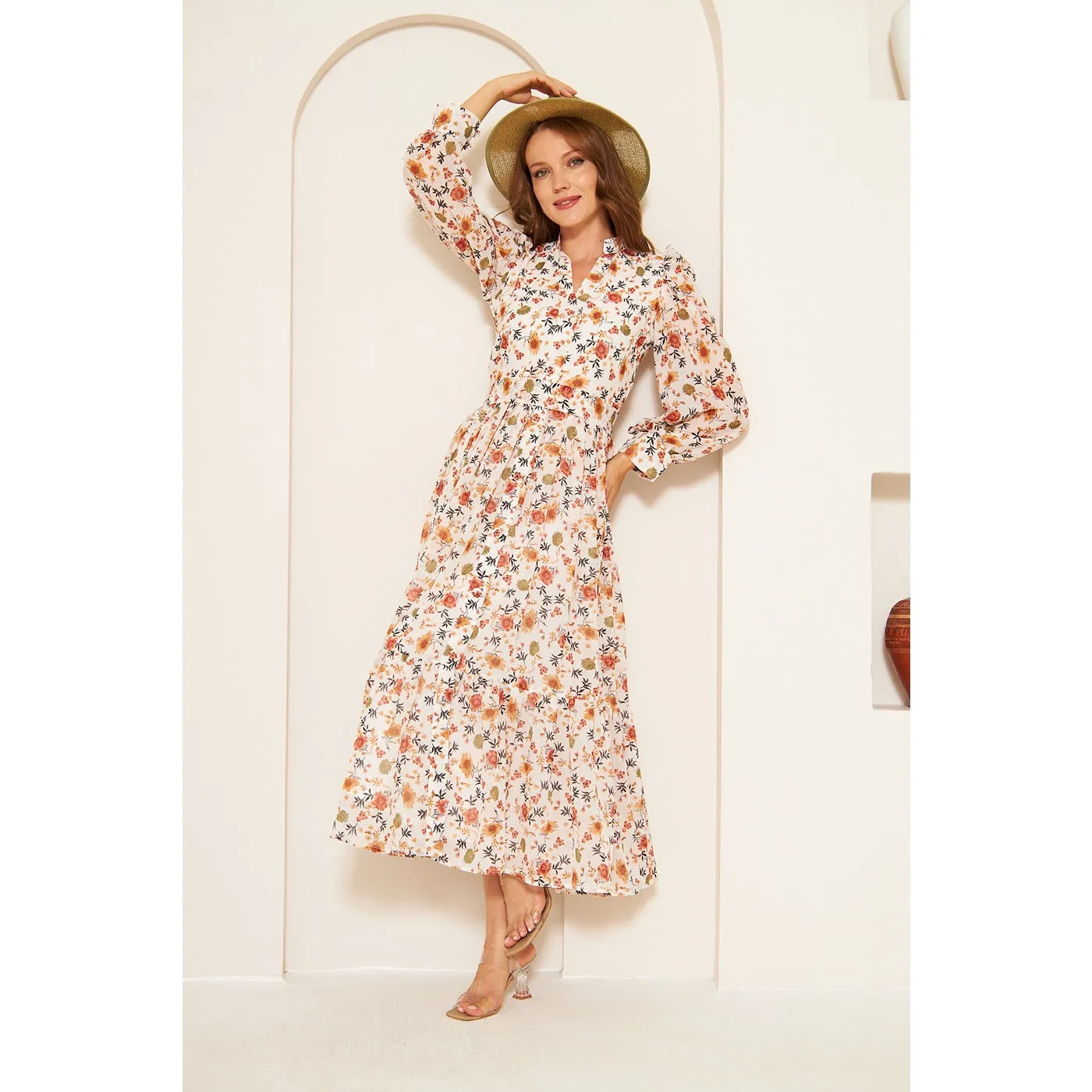 White Chiffon Floral Shirt Dress