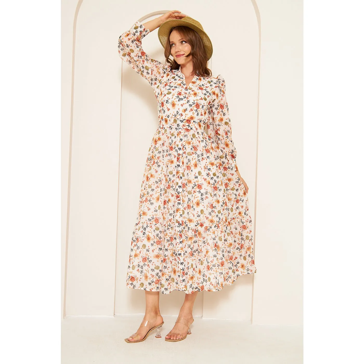 White Chiffon Floral Shirt Dress