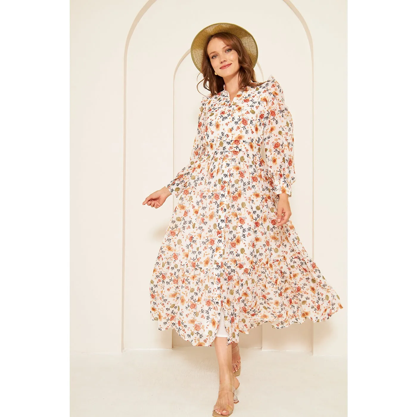 White Chiffon Floral Shirt Dress