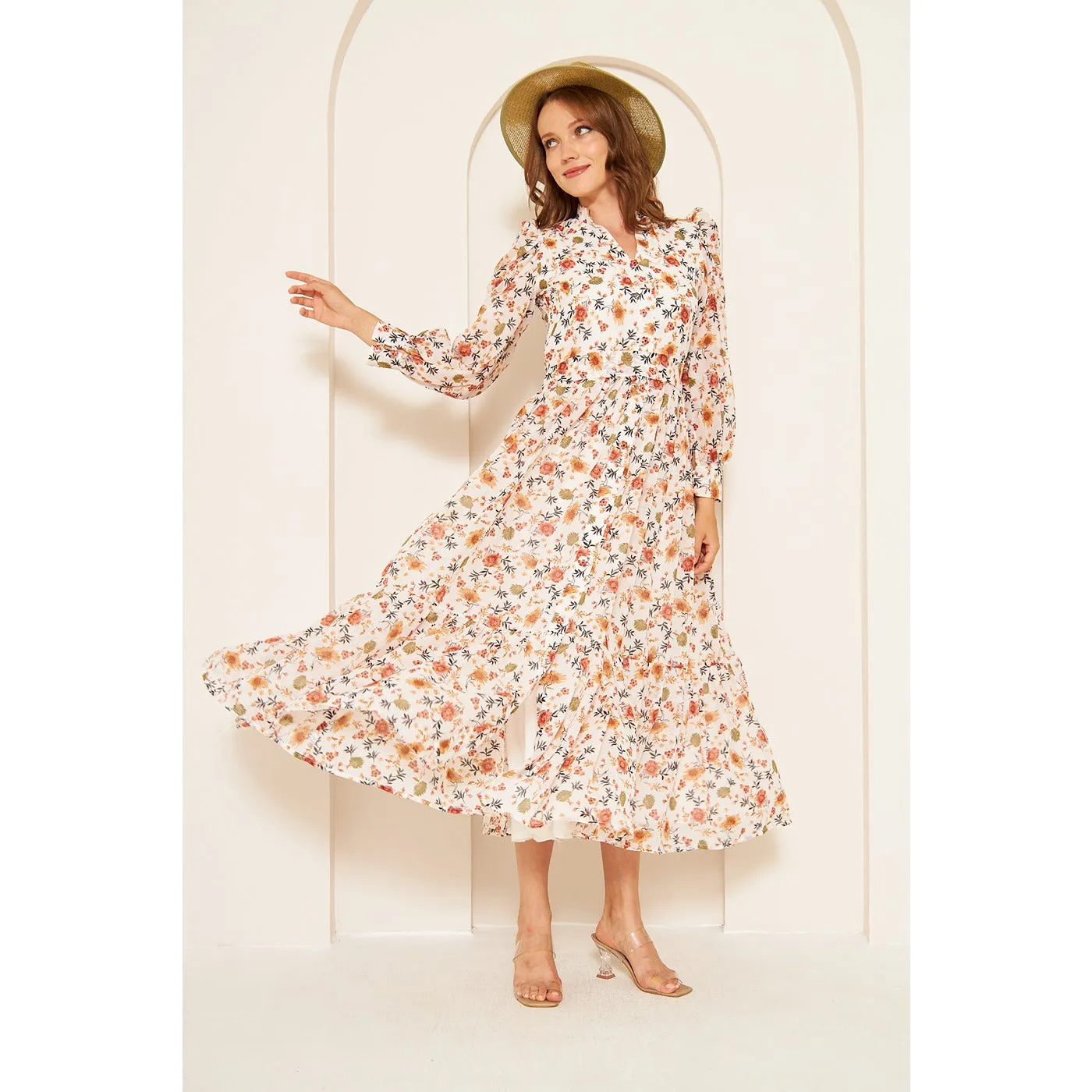 White Chiffon Floral Shirt Dress