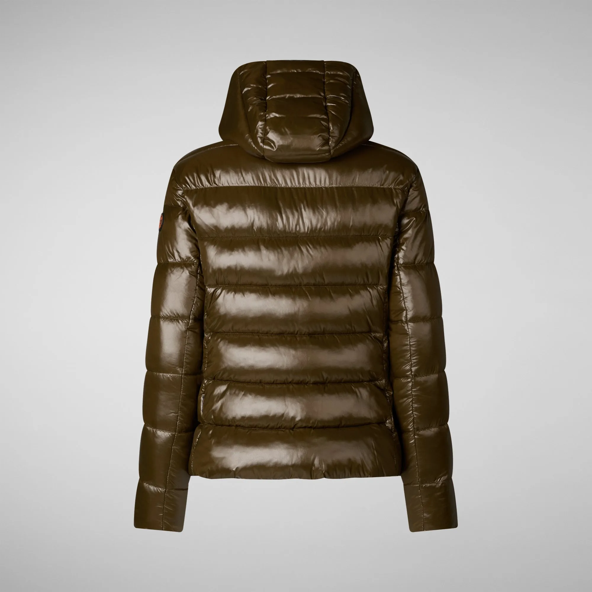 Woman's animal free hooded puffer jacket Cosmary in bark green